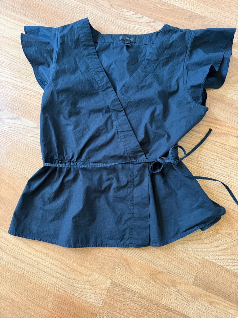J. Crew Black Cotton Wrap Blouse With Flutter Sleeves